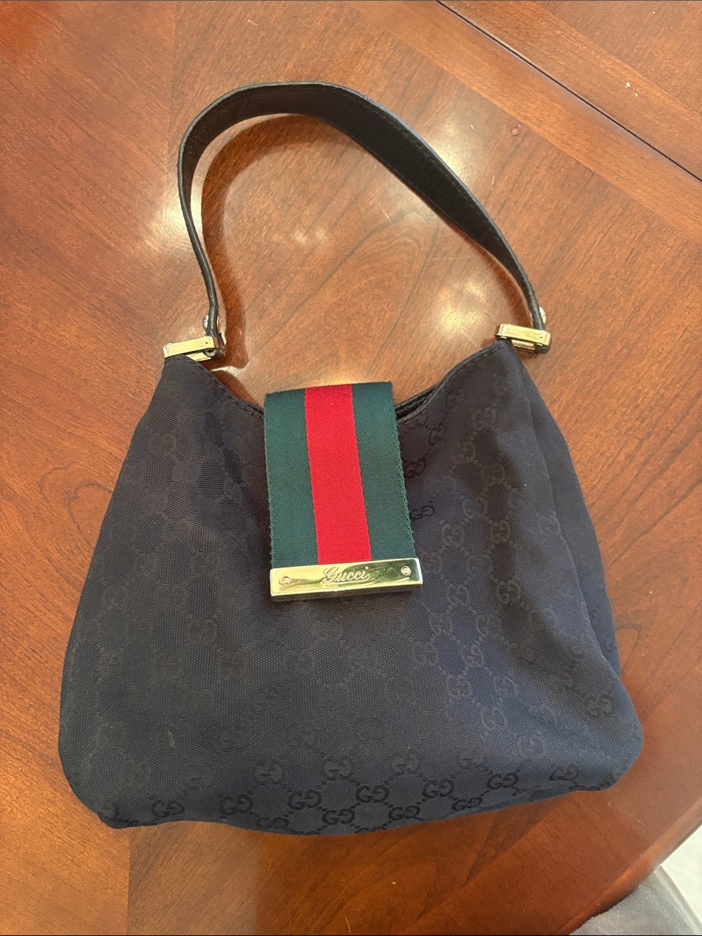 Gucci Black GG Canvas Shoulder Bag with Green-Red Web Detail